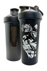 Zoomad Labs Shaker Mod Moons Truck, black shaker bottle with measurement markings and muscle graphic design.